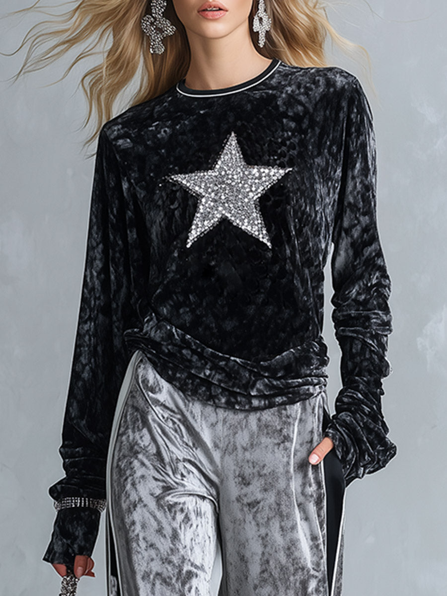Chic And Casual Black Sequin Star Top And Grey Wide-leg Trousers Velvet Set