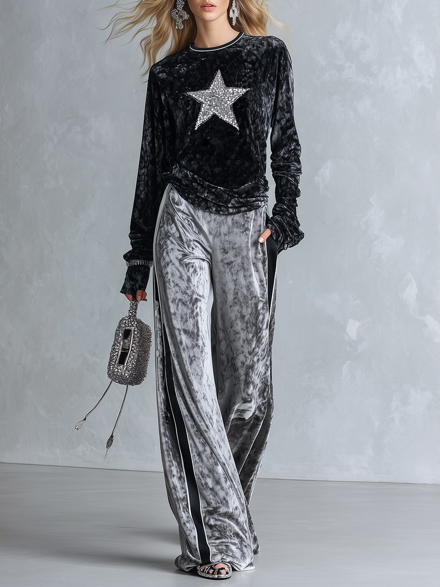 Chic And Casual Black Sequin Star Top And Grey Wide-leg Trousers Velvet Set