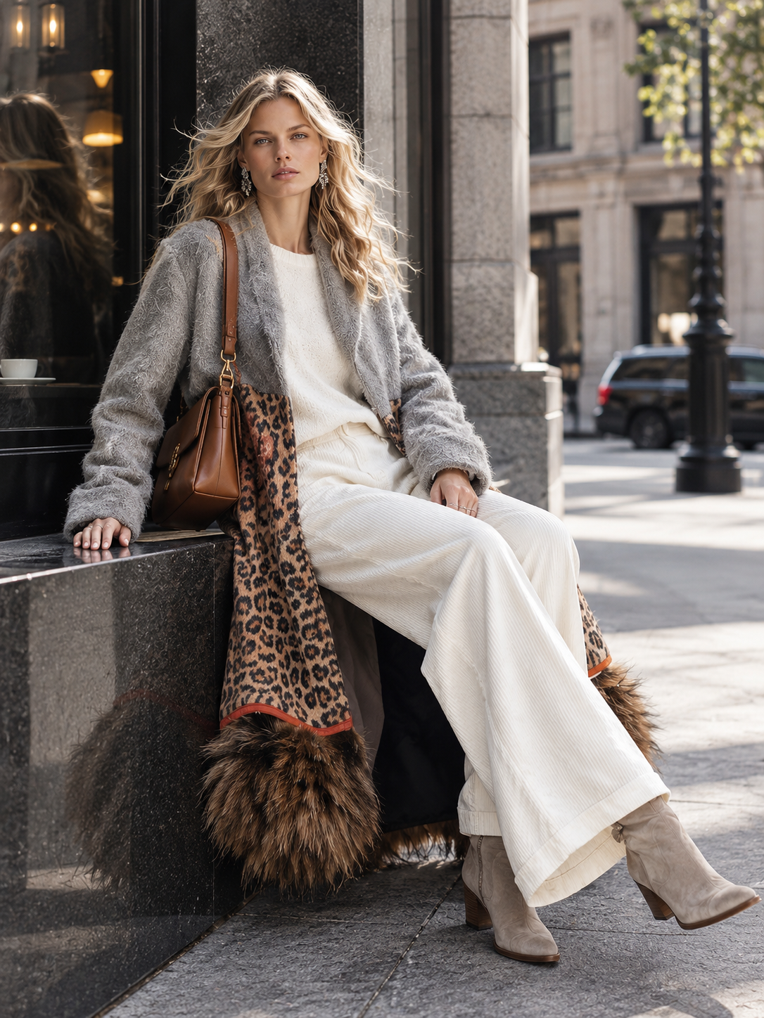 Chic Urban Faux-Fur Hem Grey Patchwork Leopard-Print Coat