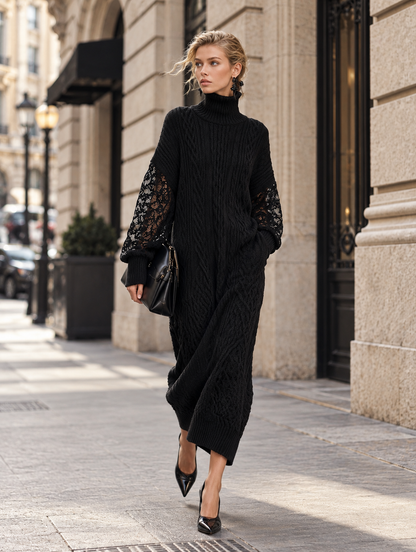 Premium Black Cable-Knit Turtleneck Lace-Sleeve Maxi Dress