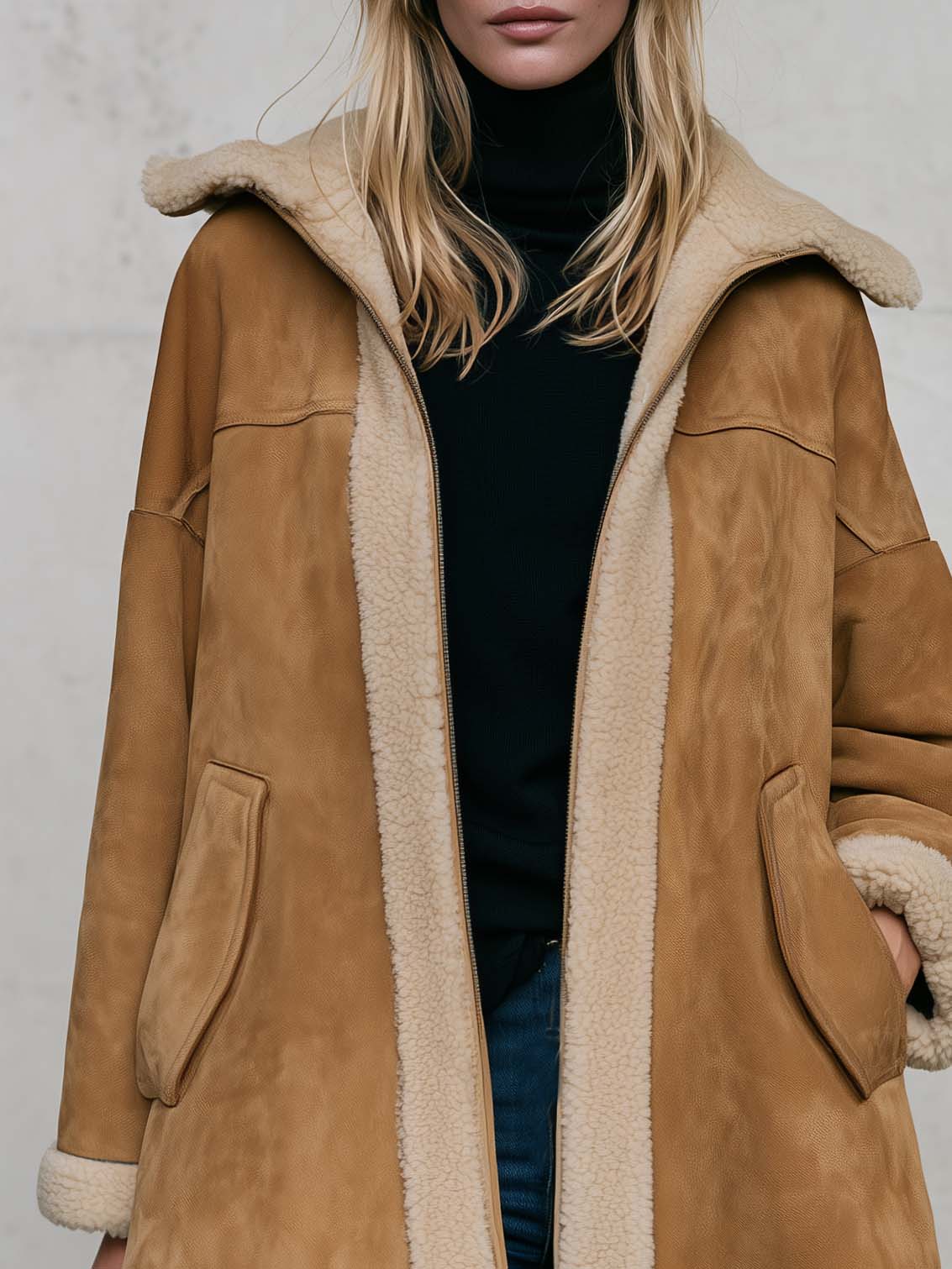 Casual Oversized Vintage Camel Suede Shearling Hooded Midi Coat Women