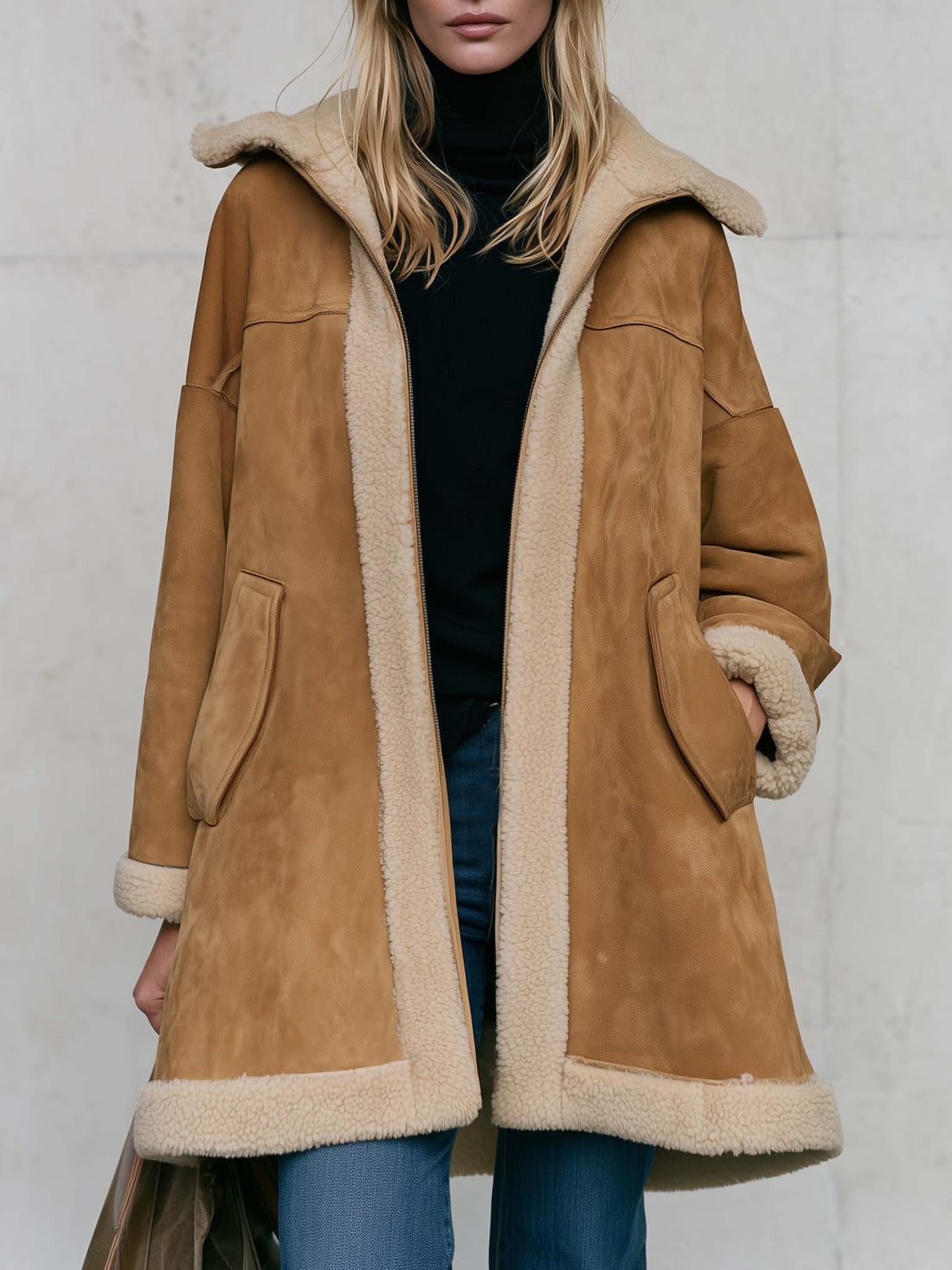 Casual Oversized Vintage Camel Suede Shearling Hooded Midi Coat Women