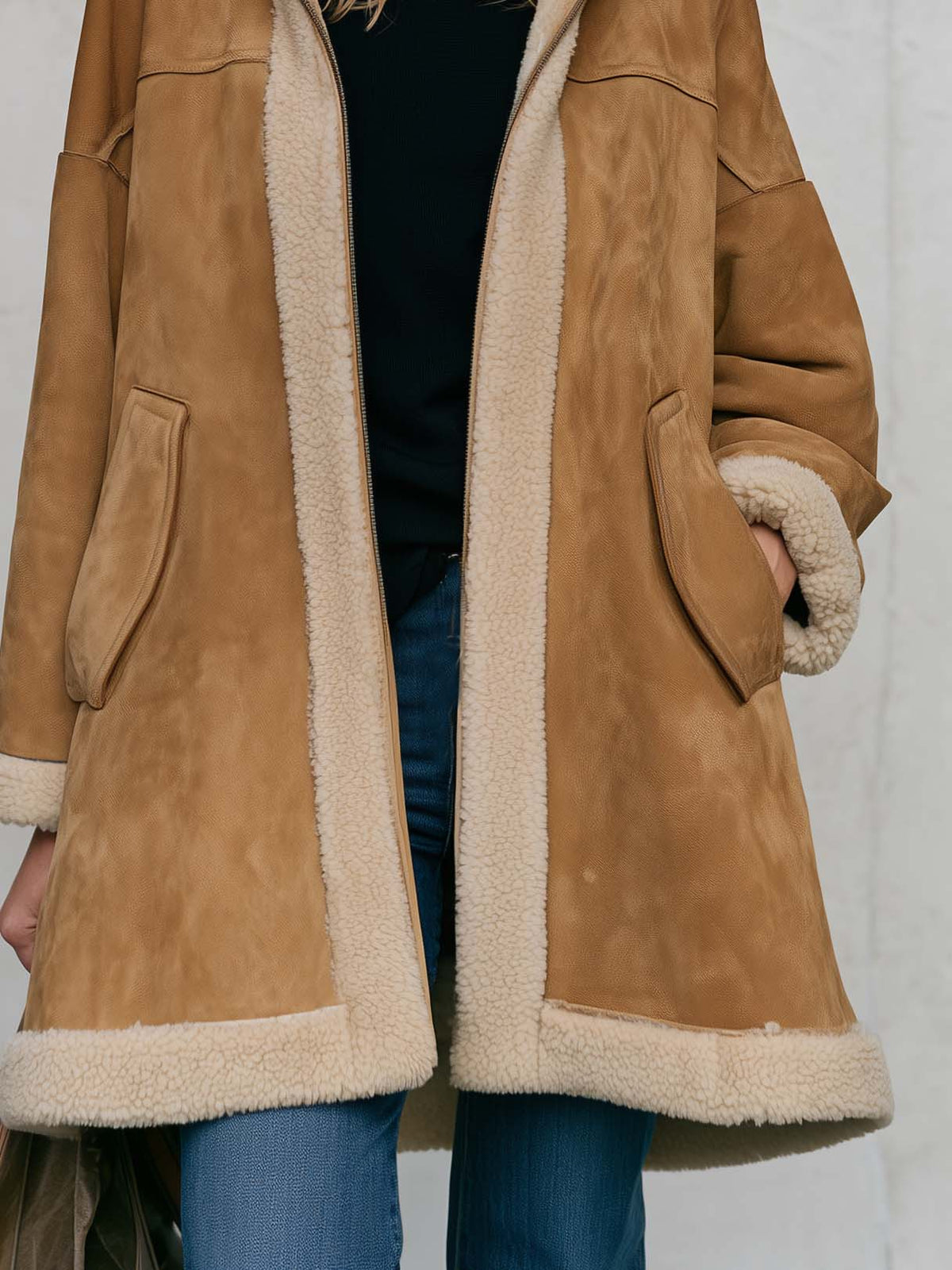 Casual Oversized Vintage Camel Suede Shearling Hooded Midi Coat Women