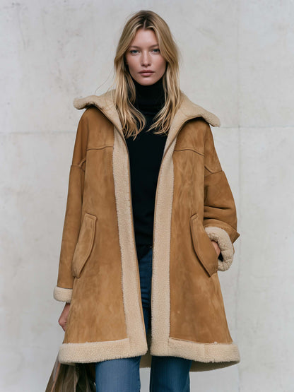 Casual Oversized Vintage Camel Suede Shearling Hooded Midi Coat Women