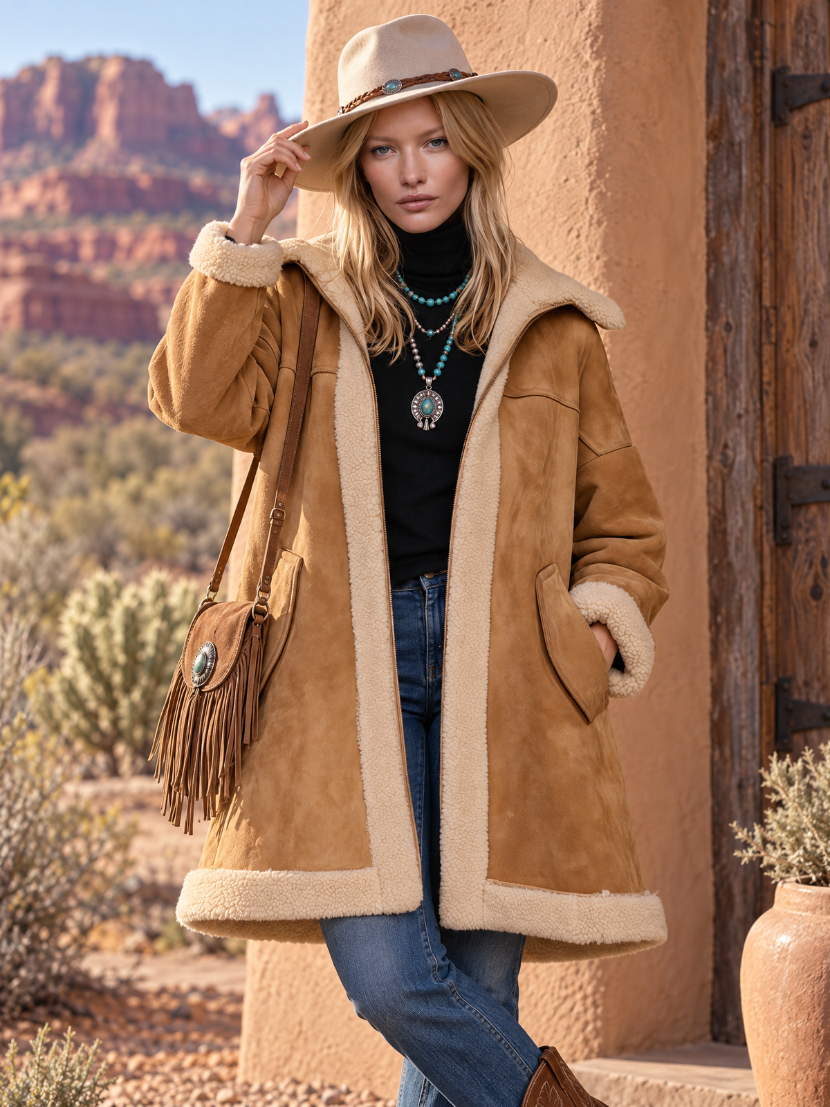 Casual Oversized Vintage Camel Suede Shearling Hooded Midi Coat Women