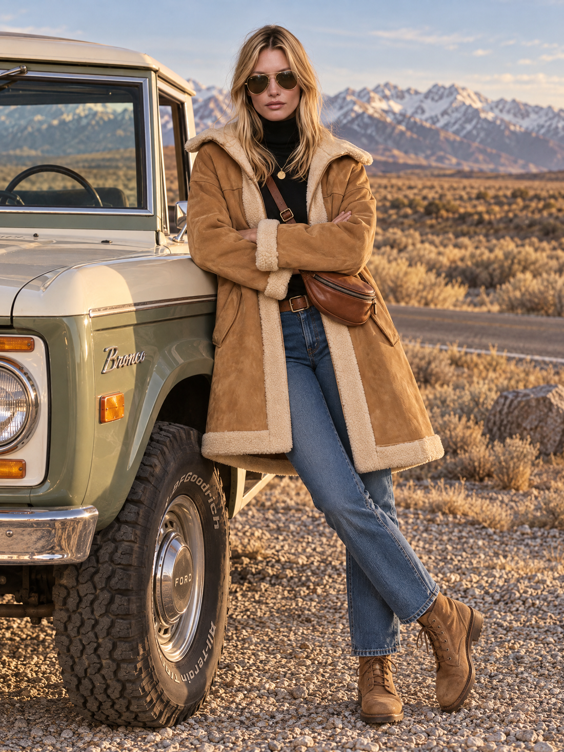 Casual Oversized Vintage Camel Suede Shearling Hooded Midi Coat Women