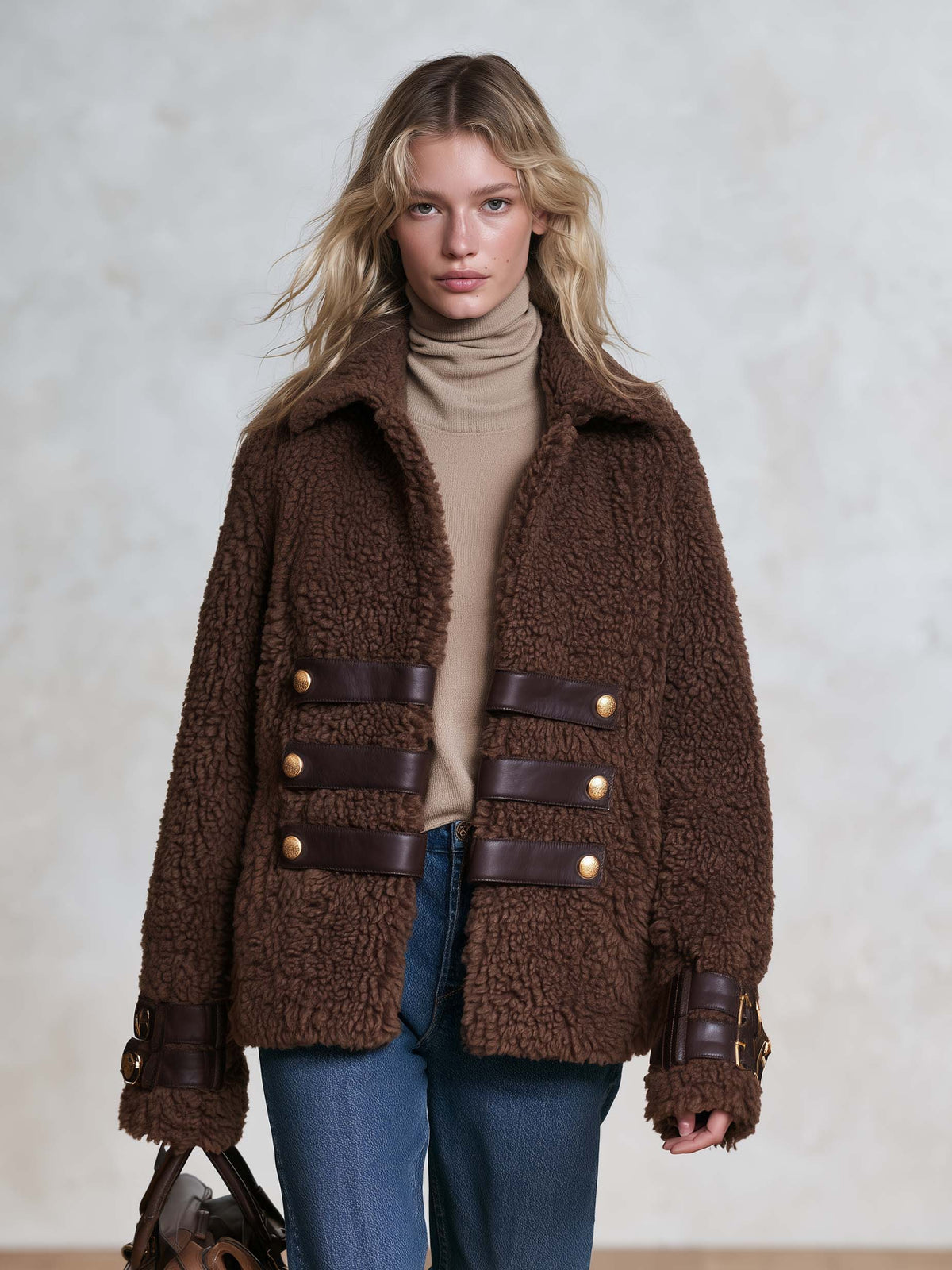 Retro Chic Brown Teddy Sherpa Fleece Notched-Collar Gold-Button Leather-Strap Military Jacket