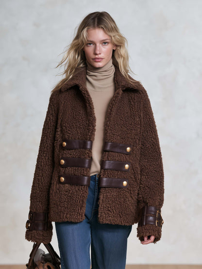 Retro Chic Brown Teddy Sherpa Fleece Notched-Collar Gold-Button Leather-Strap Military Jacket