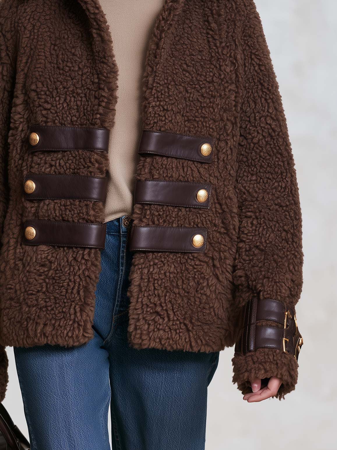 Retro Chic Brown Teddy Sherpa Fleece Notched-Collar Gold-Button Leather-Strap Military Jacket