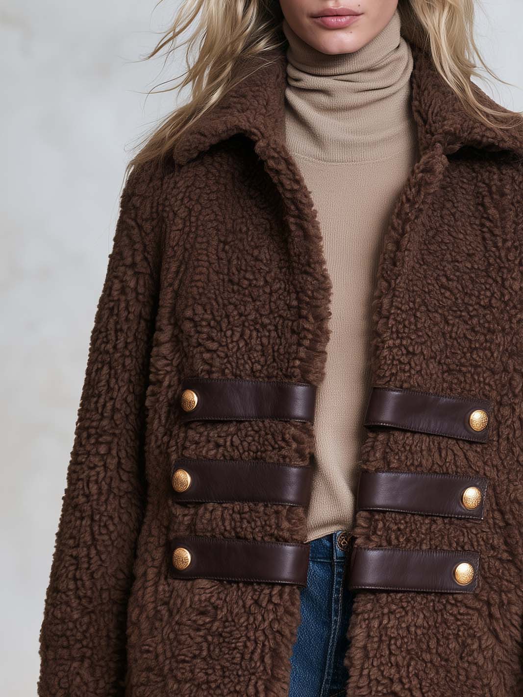 Retro Chic Brown Teddy Sherpa Fleece Notched-Collar Gold-Button Leather-Strap Military Jacket