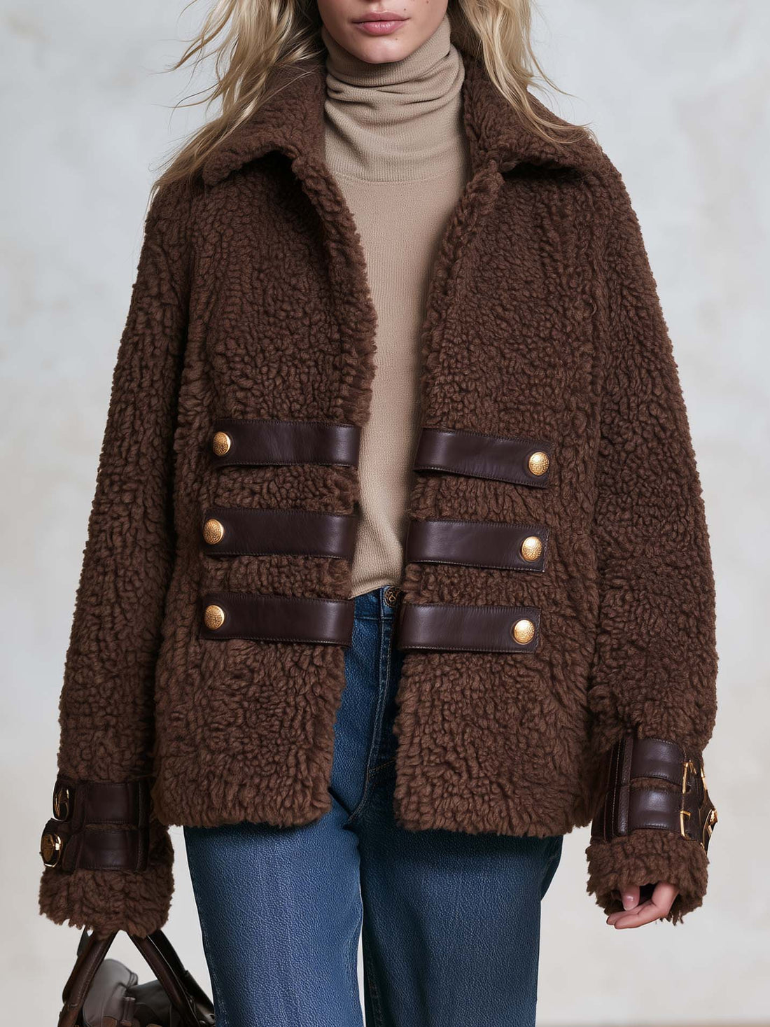 Retro Chic Brown Teddy Sherpa Fleece Notched-Collar Gold-Button Leather-Strap Military Jacket