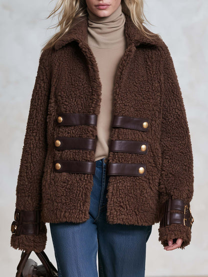 Retro Chic Brown Teddy Sherpa Fleece Notched-Collar Gold-Button Leather-Strap Military Jacket
