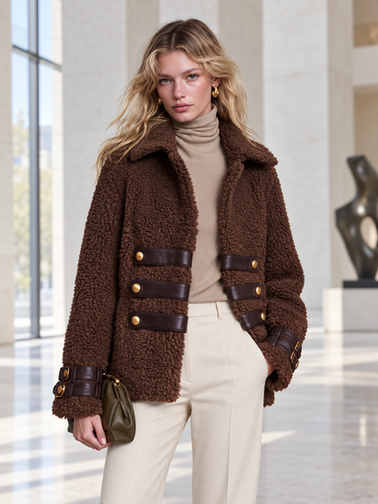 Retro Chic Brown Teddy Sherpa Fleece Notched-Collar Gold-Button Leather-Strap Military Jacket