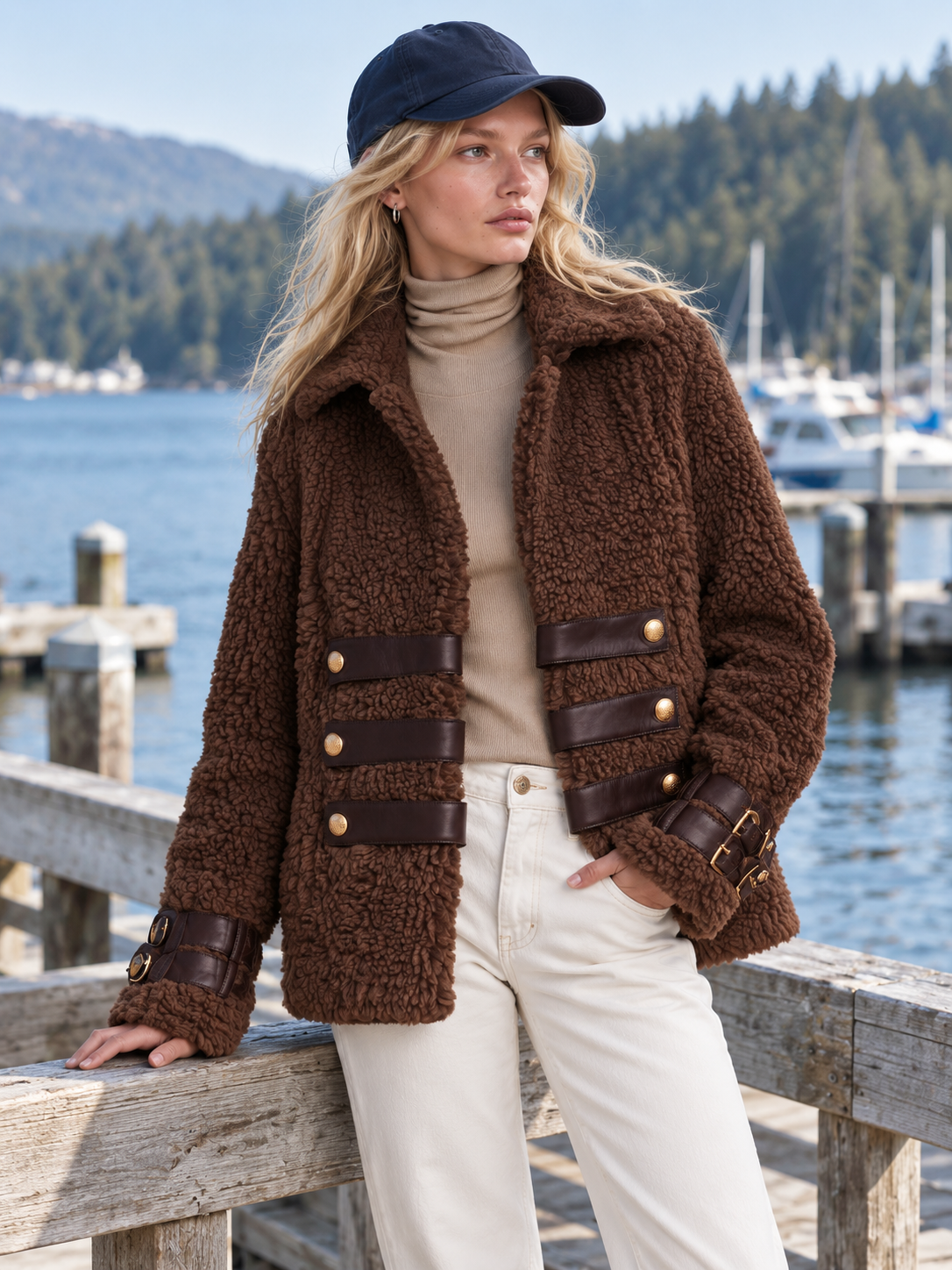 Retro Chic Brown Teddy Sherpa Fleece Notched-Collar Gold-Button Leather-Strap Military Jacket