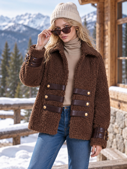 Retro Chic Brown Teddy Sherpa Fleece Notched-Collar Gold-Button Leather-Strap Military Jacket