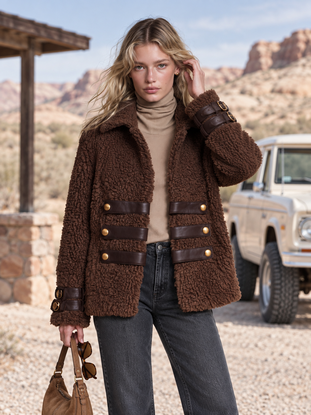 Retro Chic Brown Teddy Sherpa Fleece Notched-Collar Gold-Button Leather-Strap Military Jacket
