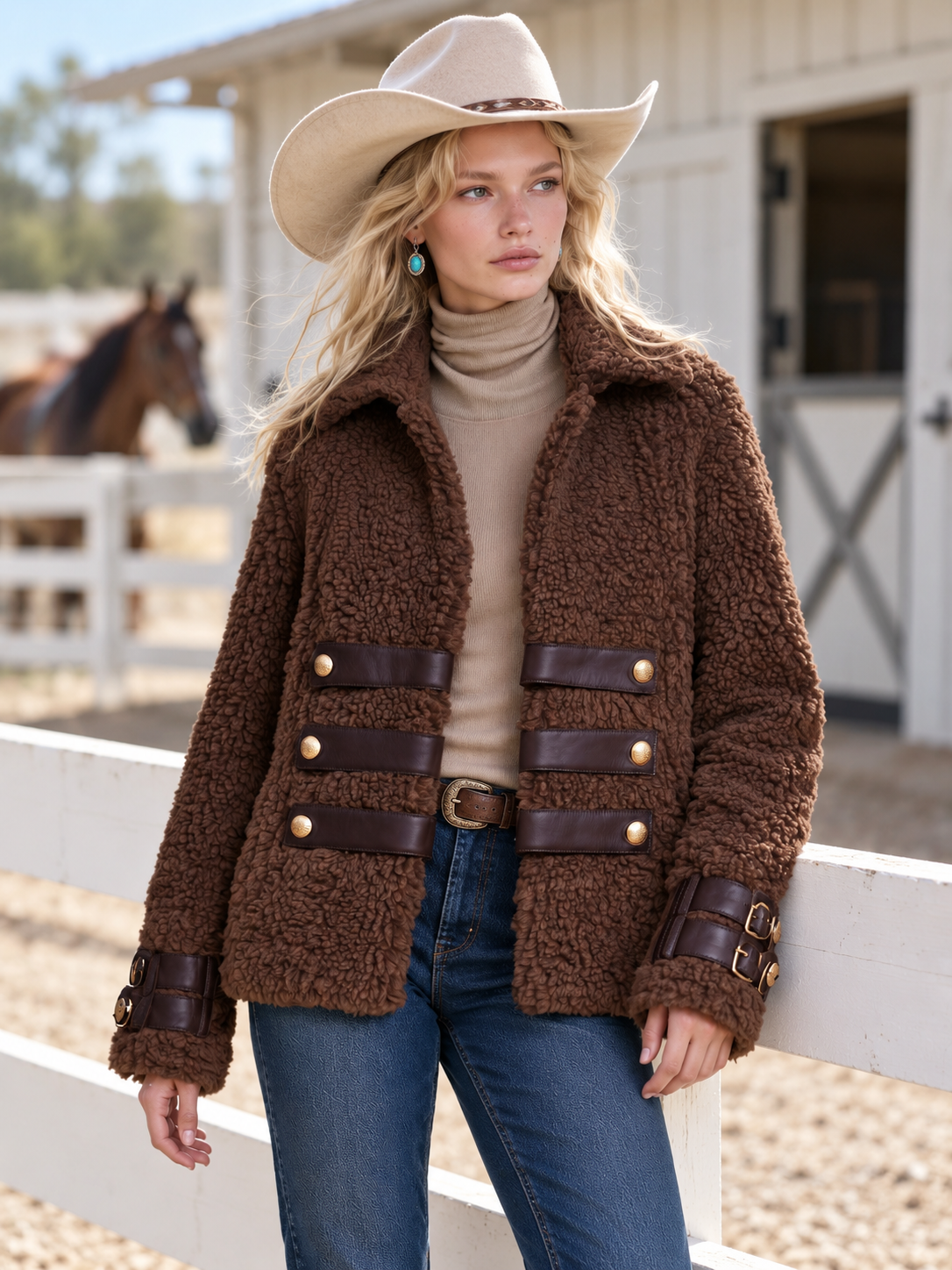 Retro Chic Brown Teddy Sherpa Fleece Notched-Collar Gold-Button Leather-Strap Military Jacket
