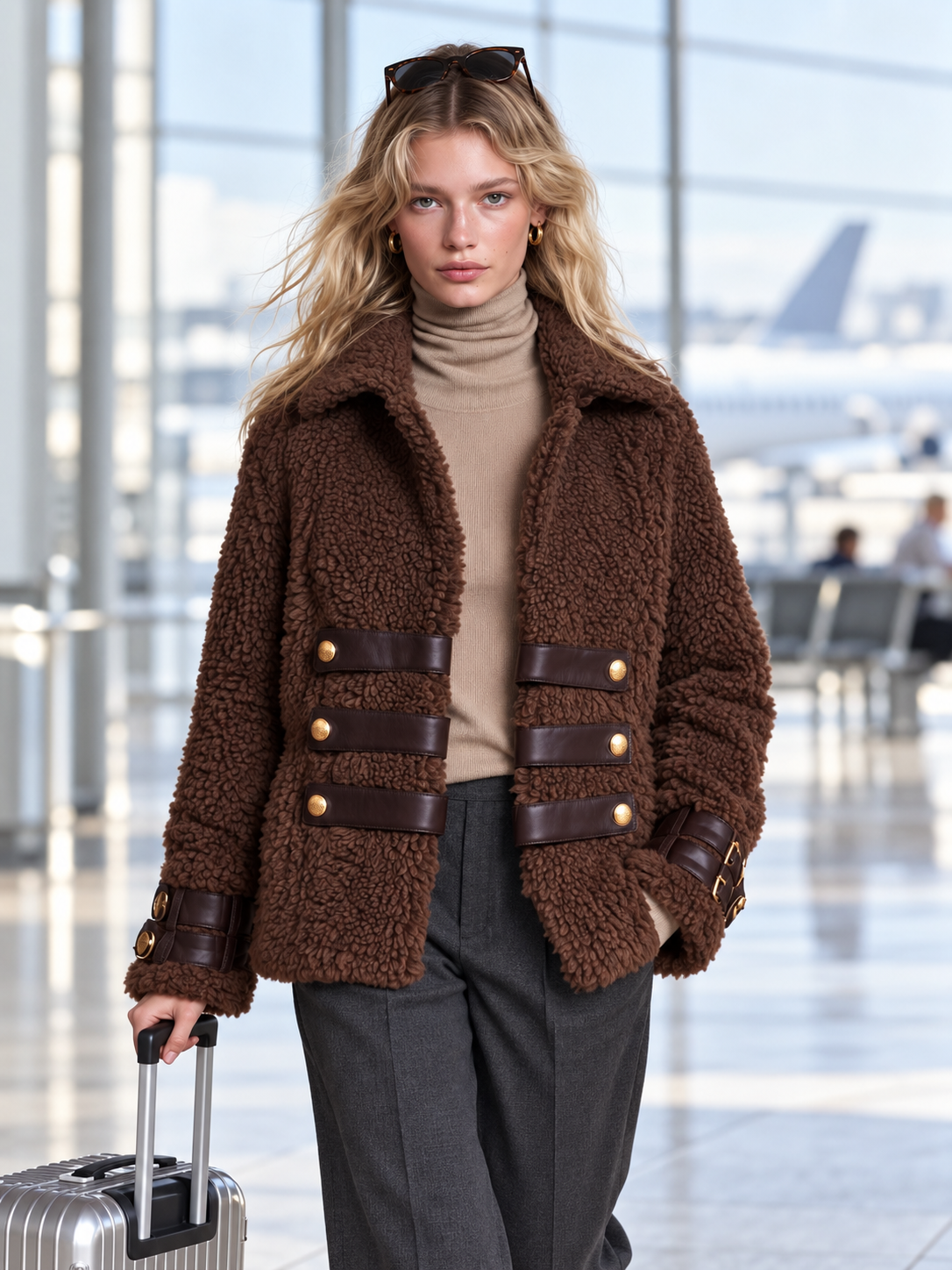 Retro Chic Brown Teddy Sherpa Fleece Notched-Collar Gold-Button Leather-Strap Military Jacket