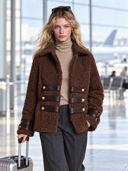 Retro Chic Brown Teddy Sherpa Fleece Notched-Collar Gold-Button Leather-Strap Military Jacket