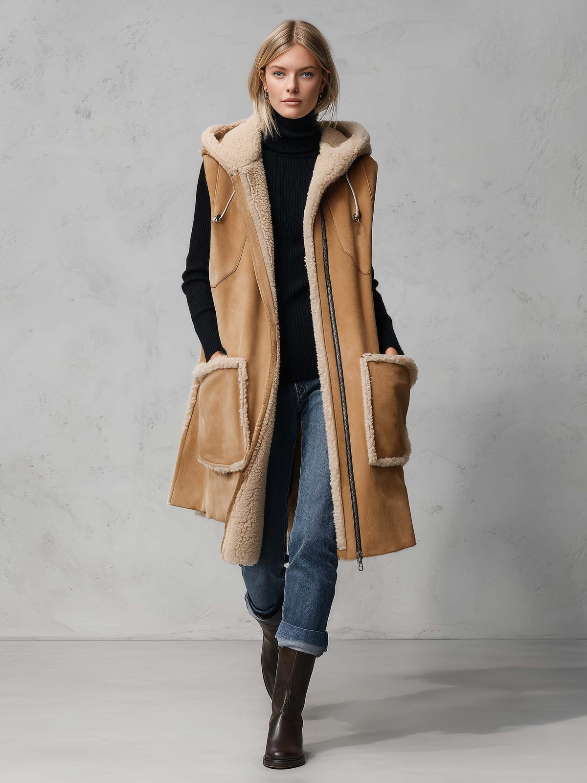 Rustic Western Camel Faux Shearling Hooded Sleeveless Longline Suede Vest