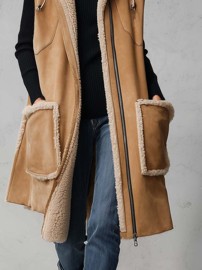 Rustic Western Camel Faux Shearling Hooded Sleeveless Longline Suede Vest