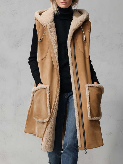 Rustic Western Camel Faux Shearling Hooded Sleeveless Longline Suede Vest