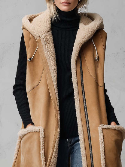 Rustic Western Camel Faux Shearling Hooded Sleeveless Longline Suede Vest
