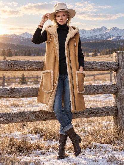Rustic Western Camel Faux Shearling Hooded Sleeveless Longline Suede Vest