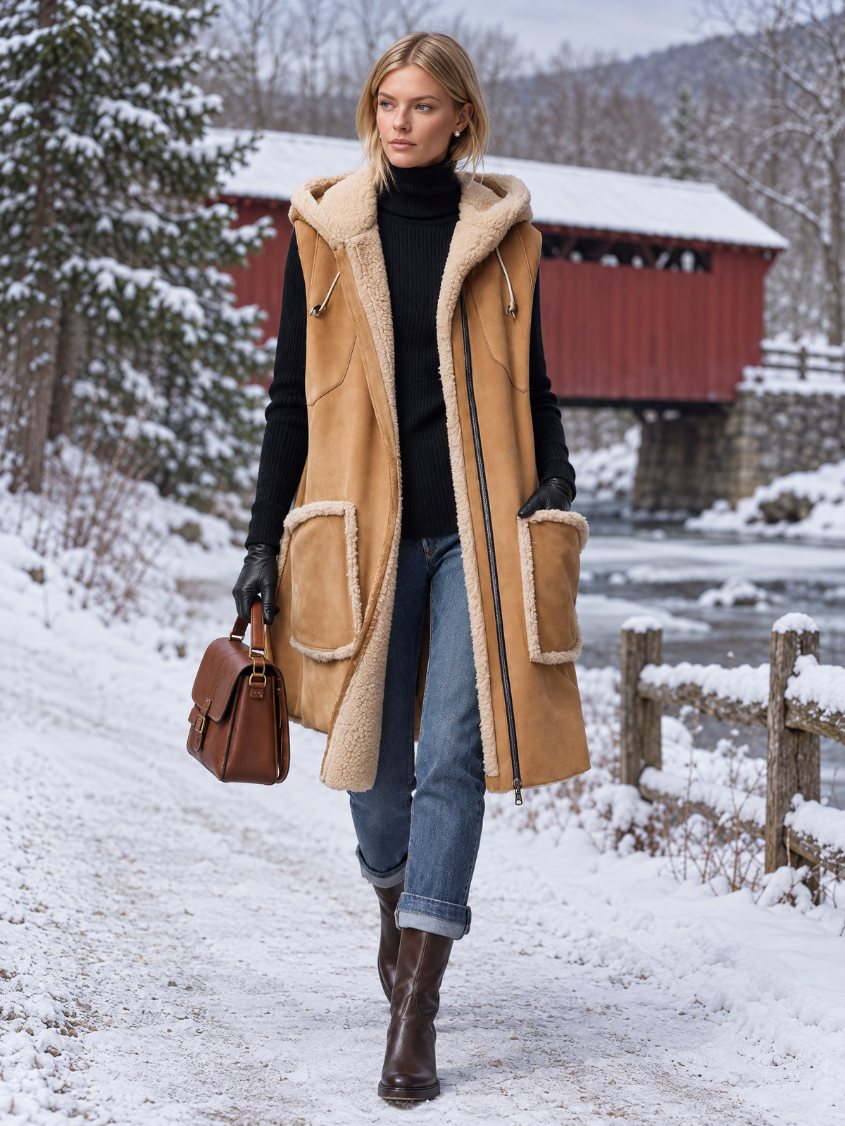 Rustic Western Camel Faux Shearling Hooded Sleeveless Longline Suede Vest