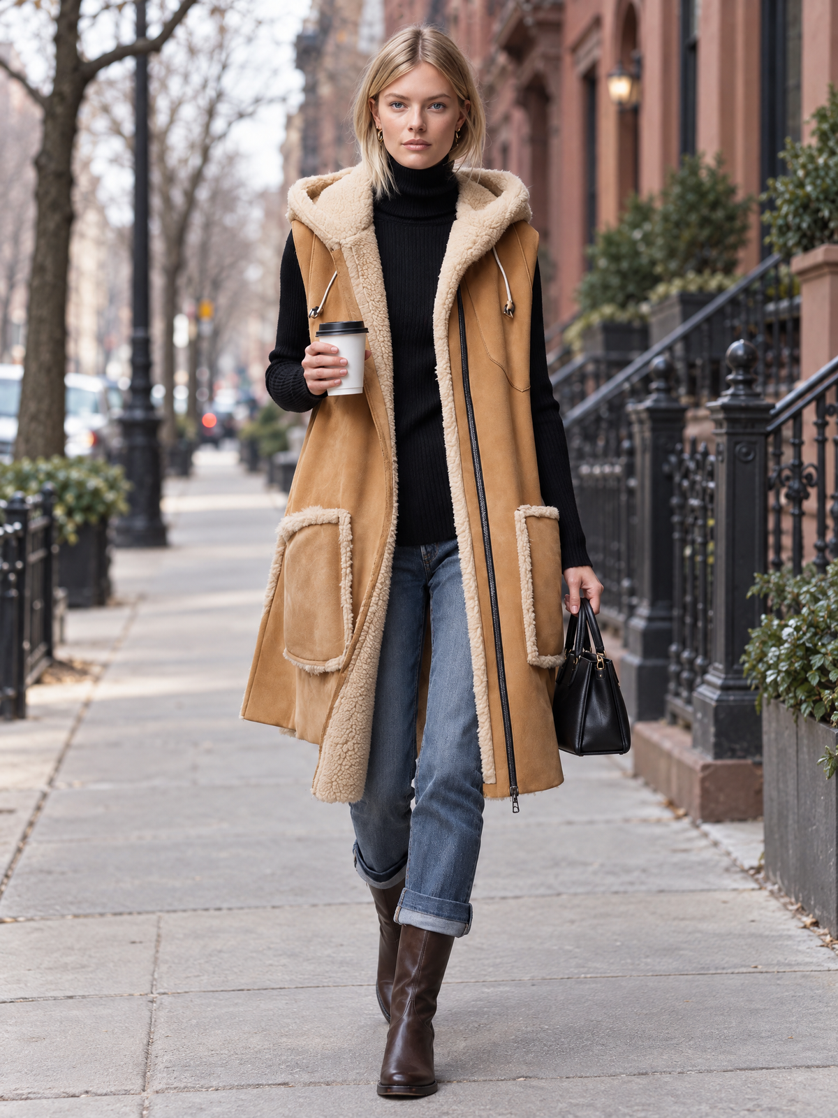 Rustic Western Camel Faux Shearling Hooded Sleeveless Longline Suede Vest