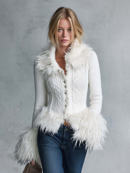 Vintage Fitted Button-Front Faux Fur Collar Cuff Cable Knit Cardigan