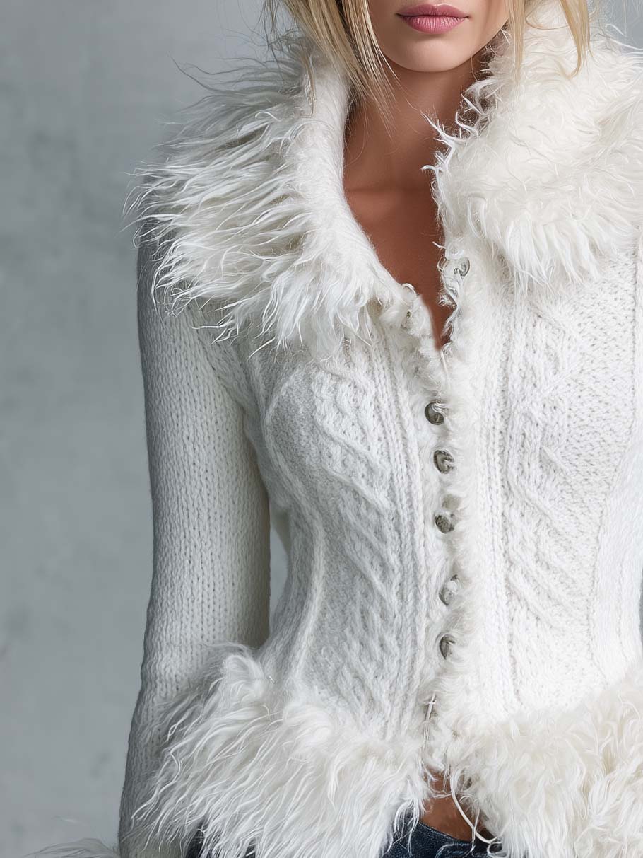 Vintage Fitted Button-Front Faux Fur Collar Cuff Cable Knit Cardigan