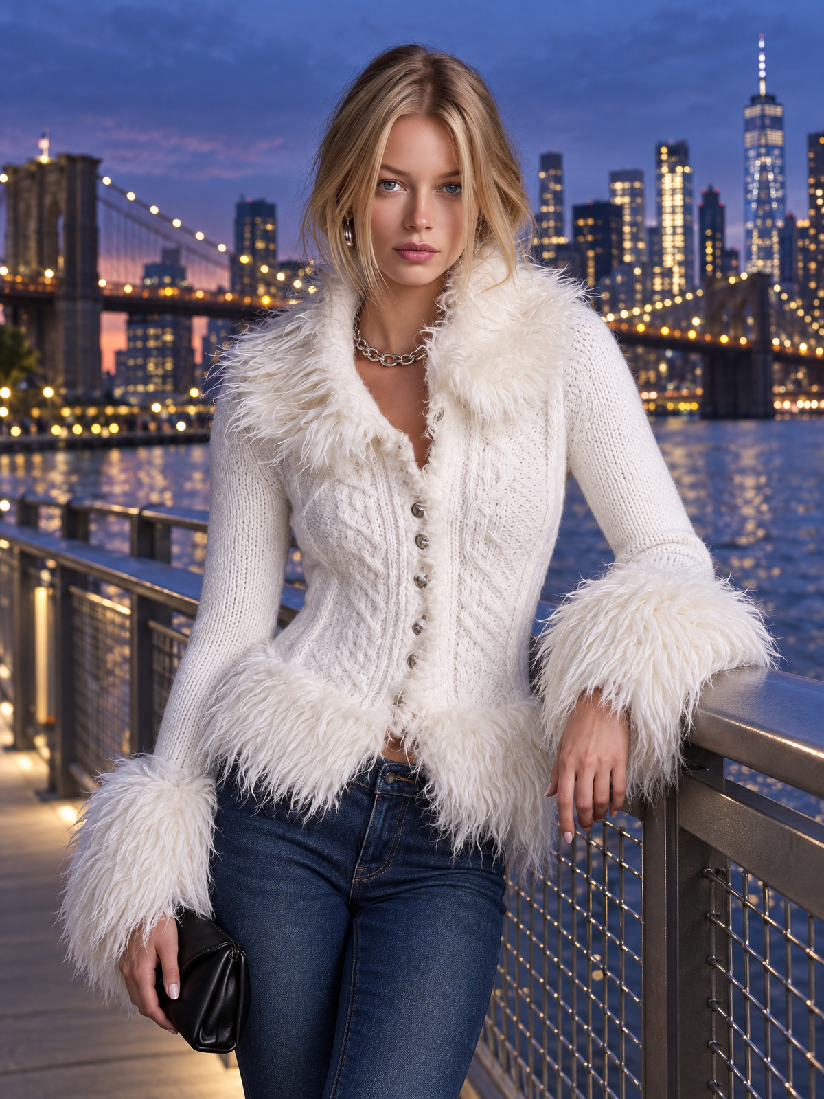 Vintage Fitted Button-Front Faux Fur Collar Cuff Cable Knit Cardigan