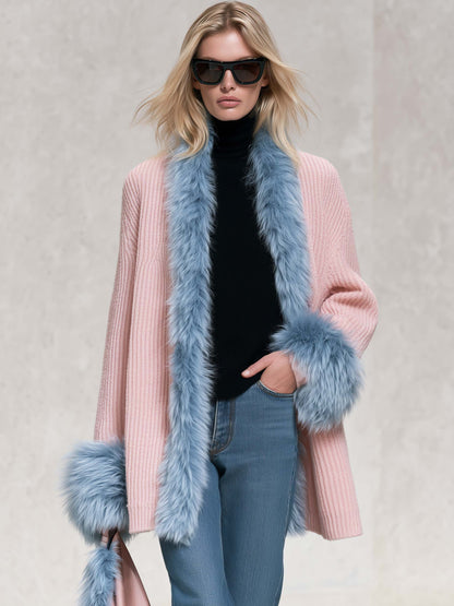Elegant Pink Chunky Knit Blue Faux Fur Trim Shawl-Collar Cardigan