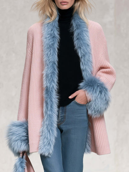 Elegant Pink Chunky Knit Blue Faux Fur Trim Shawl-Collar Cardigan