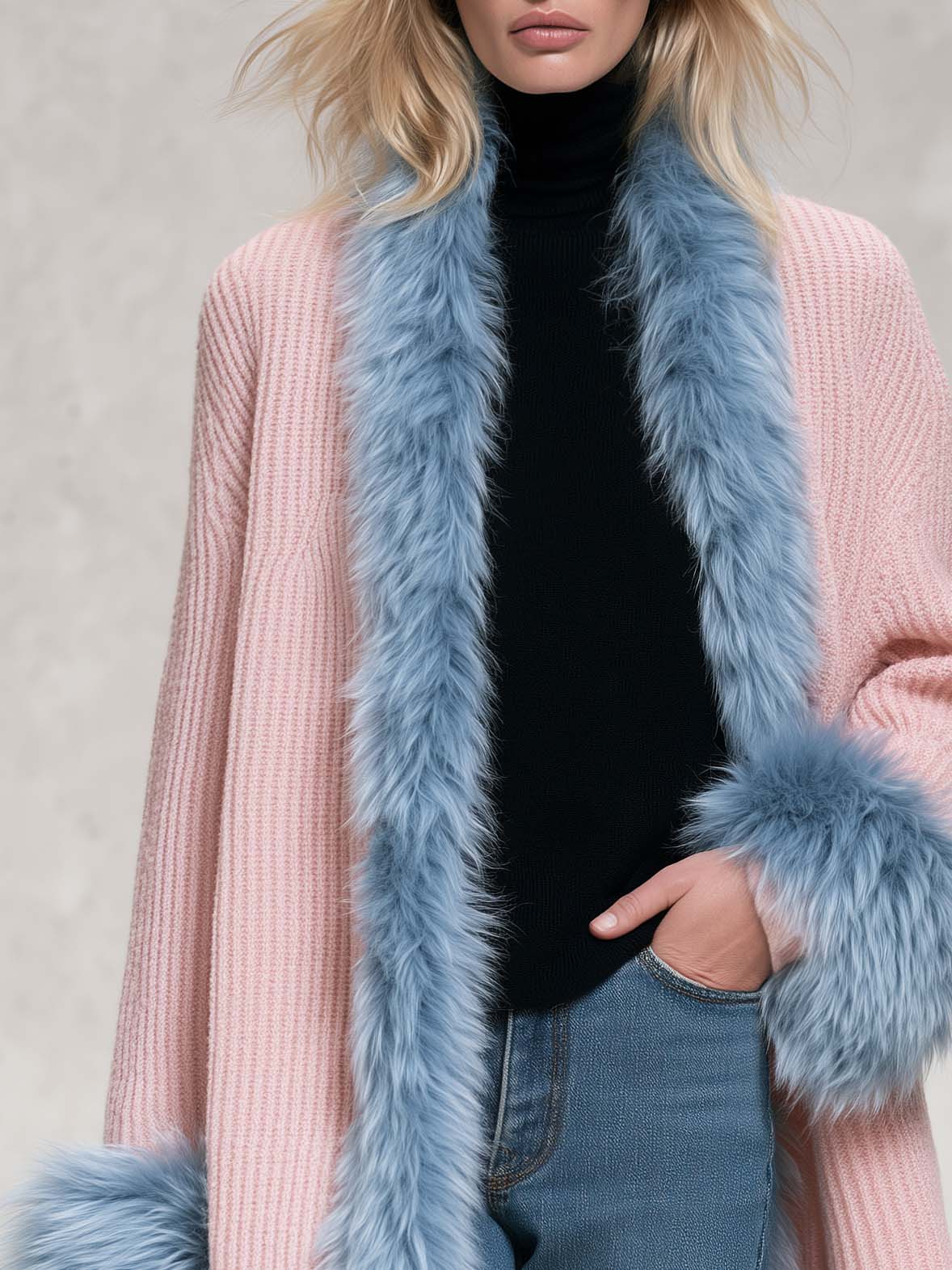 Elegant Pink Chunky Knit Blue Faux Fur Trim Shawl-Collar Cardigan