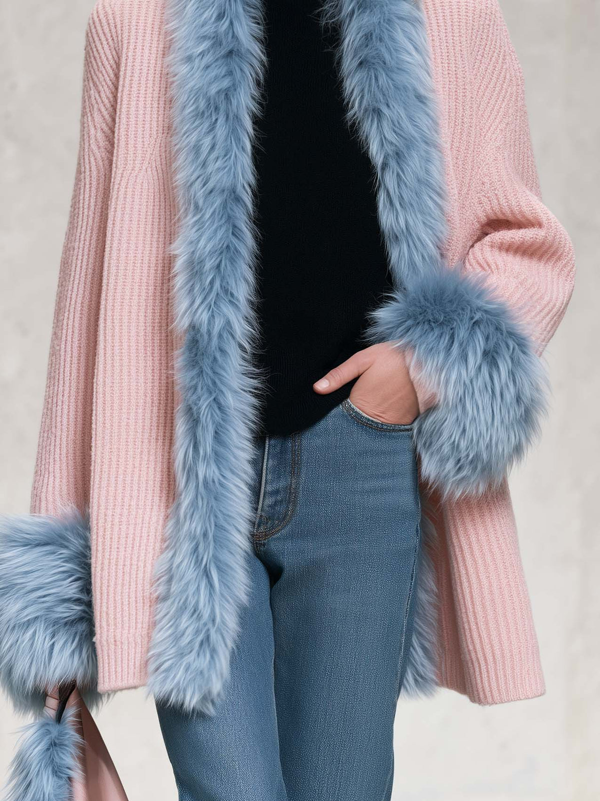 Elegant Pink Chunky Knit Blue Faux Fur Trim Shawl-Collar Cardigan