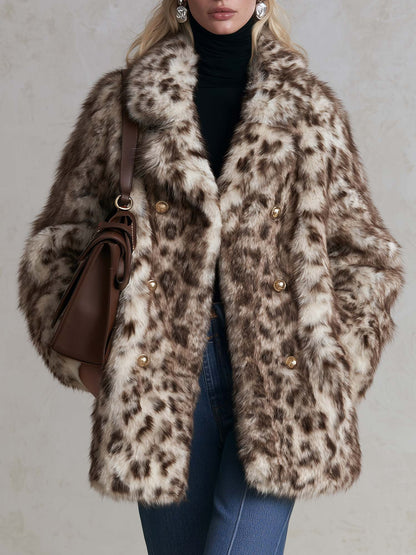 Vintage-Inspired Leopard Faux Fur Double-Breasted Gold Button Statement Coat