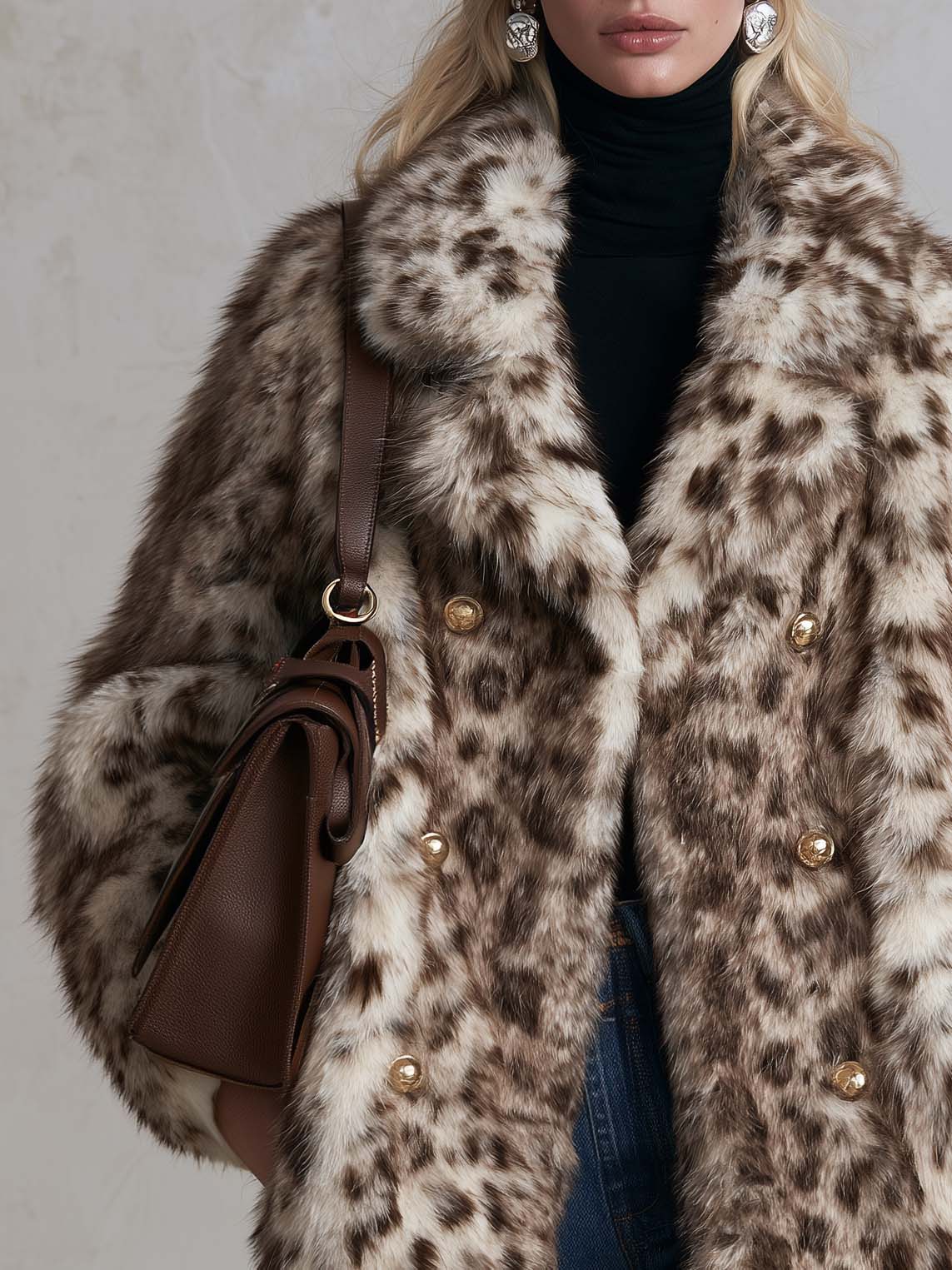 Vintage-Inspired Leopard Faux Fur Double-Breasted Gold Button Statement Coat