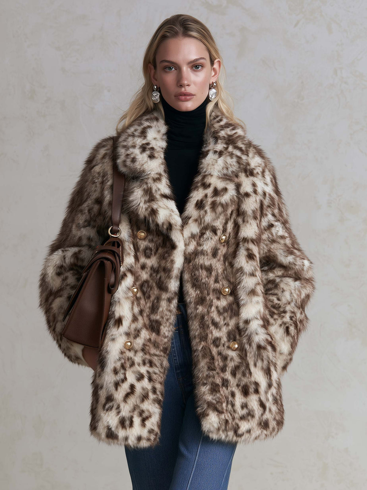 Vintage-Inspired Leopard Faux Fur Double-Breasted Gold Button Statement Coat