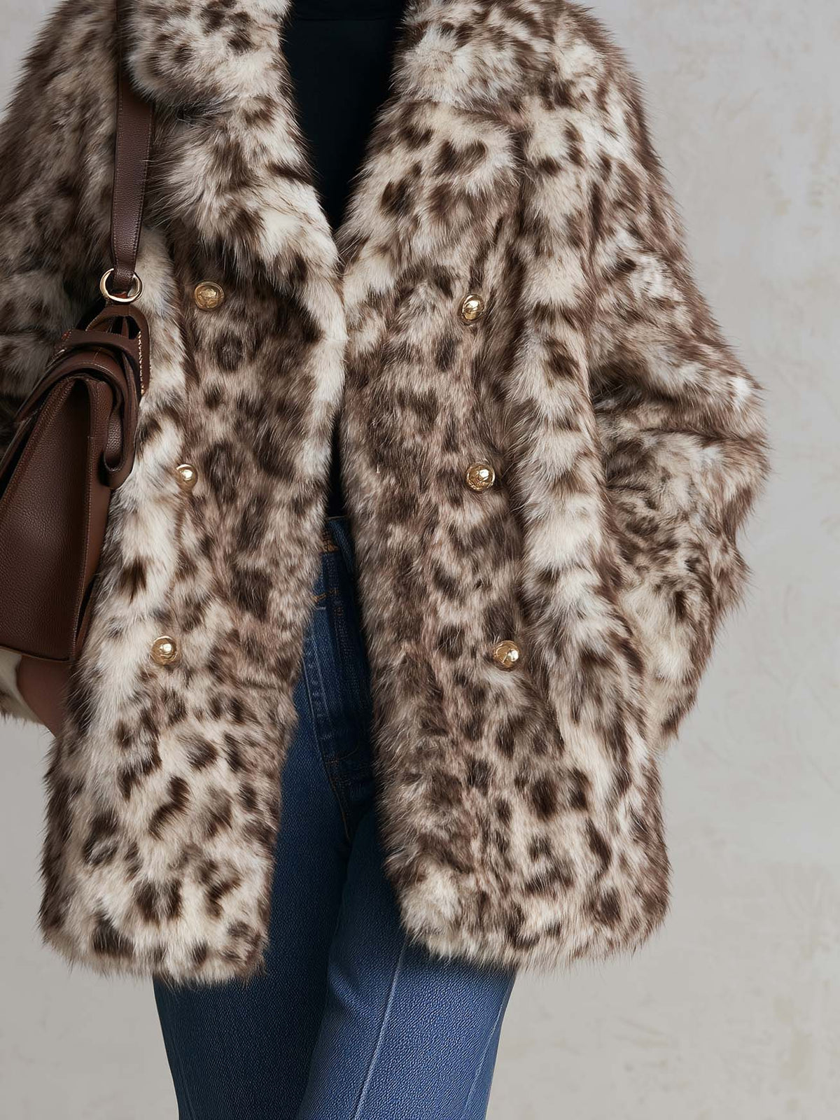 Vintage-Inspired Leopard Faux Fur Double-Breasted Gold Button Statement Coat