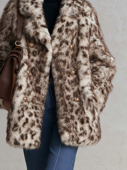 Vintage-Inspired Leopard Faux Fur Double-Breasted Gold Button Statement Coat