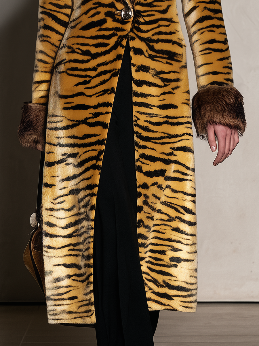 Vintage Elegant Velvet Print Faux Fur Coat, Chic Winter Statement Outerwear