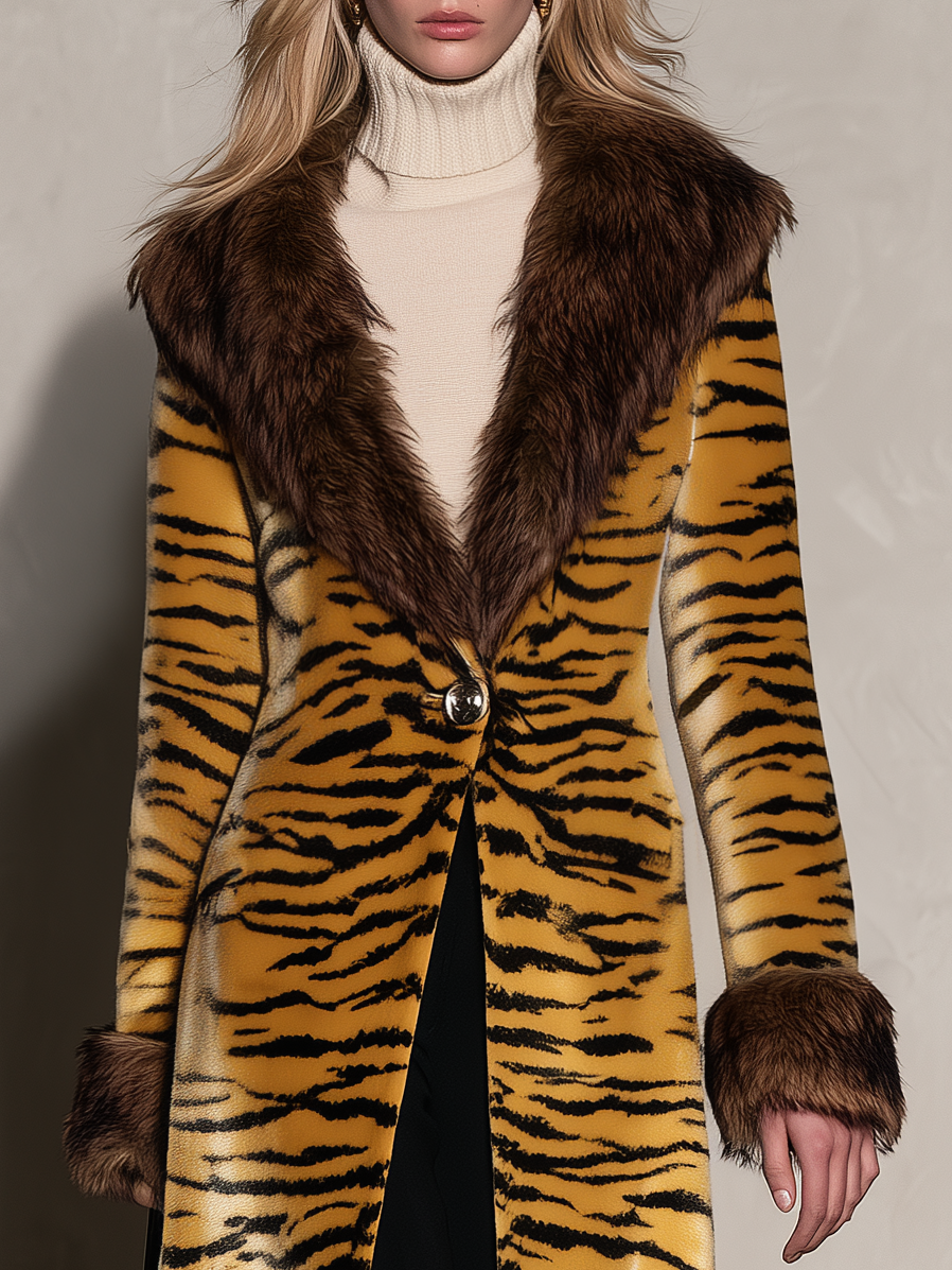 Vintage Elegant Velvet Print Faux Fur Coat, Chic Winter Statement Outerwear