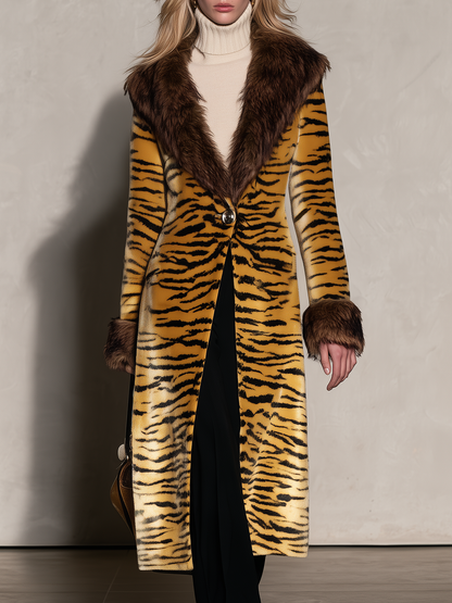 Vintage Elegant Velvet Print Faux Fur Coat, Chic Winter Statement Outerwear
