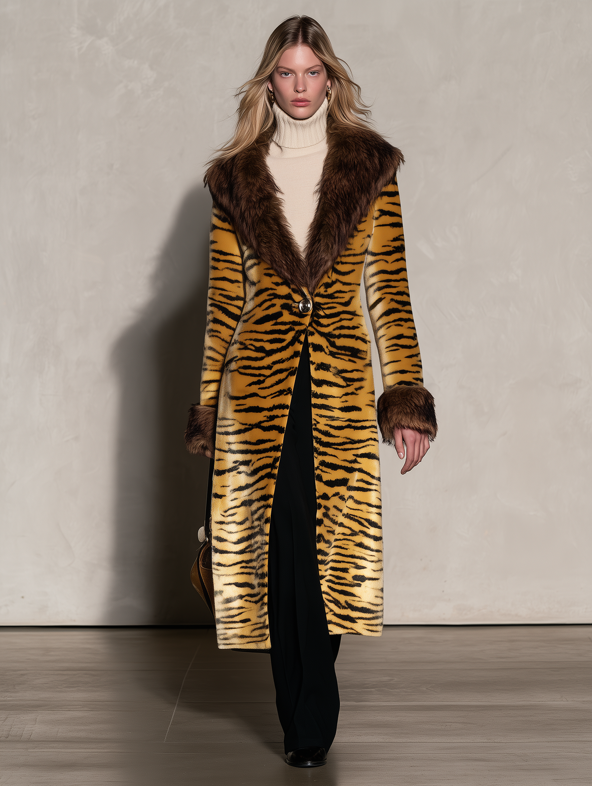 Vintage Elegant Velvet Print Faux Fur Coat, Chic Winter Statement Outerwear