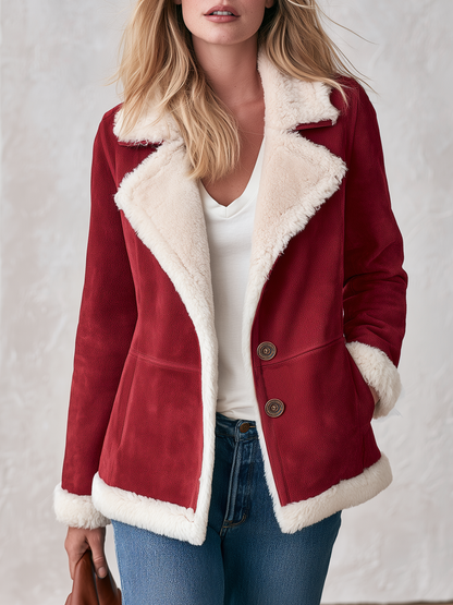 Retro Elegant Red Faux Suede Color-Block Jacket For Women
