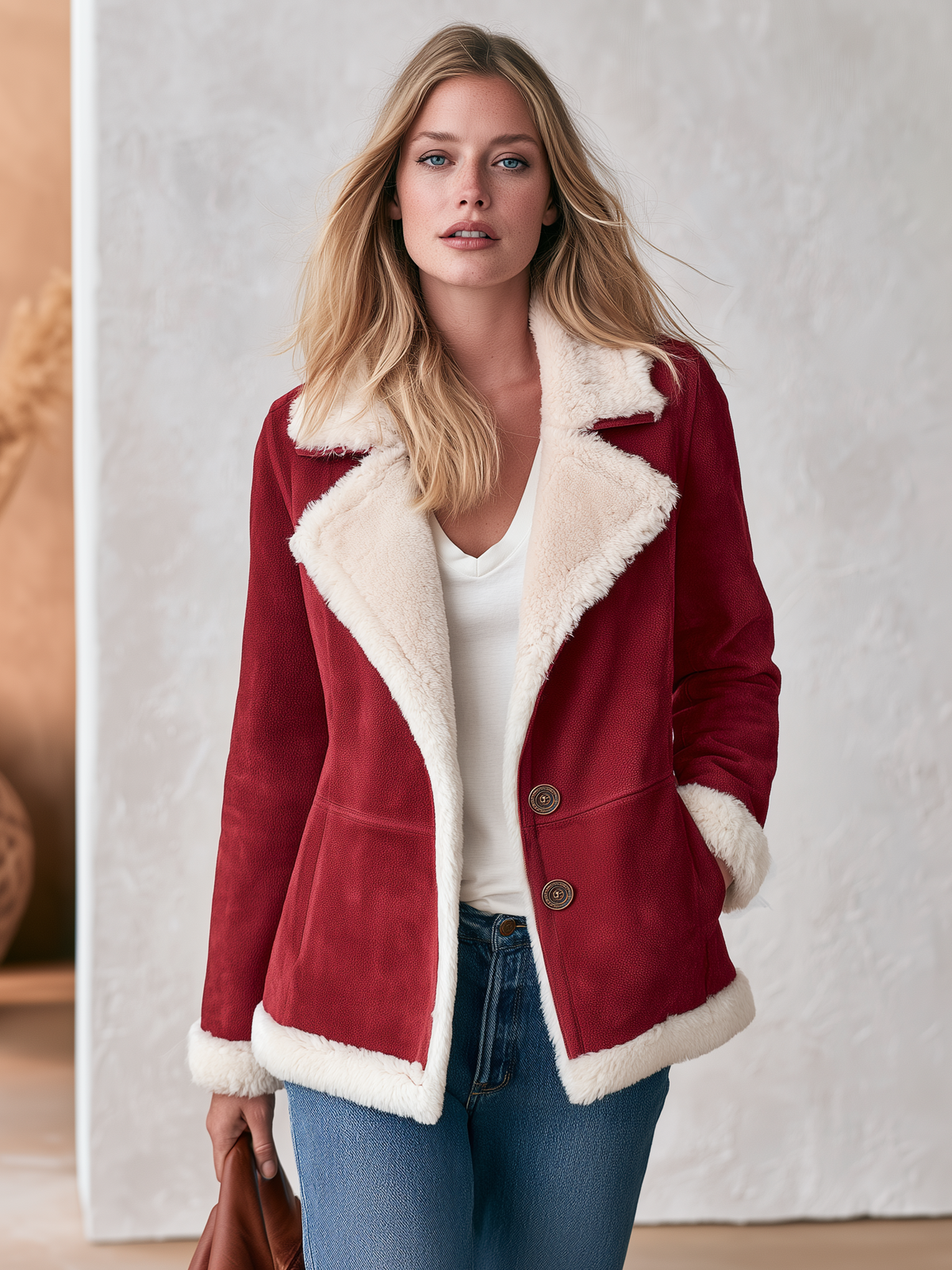 Retro Elegant Red Faux Suede Color-Block Jacket For Women