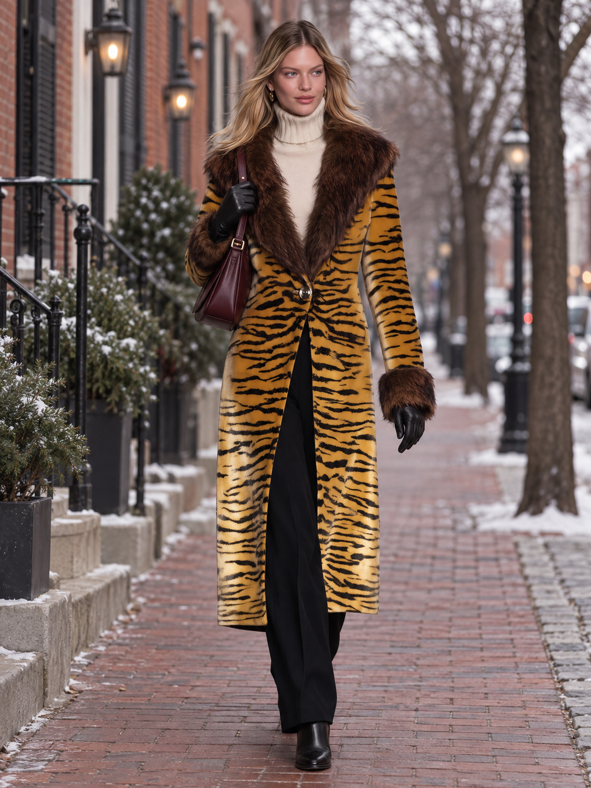 Vintage Elegant Velvet Print Faux Fur Coat, Chic Winter Statement Outerwear