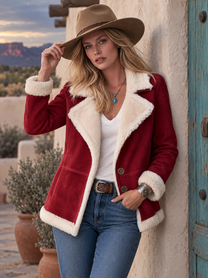 Retro Elegant Red Faux Suede Color-Block Jacket For Women